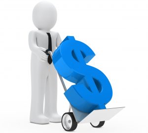 businessman hold hand truck with blue dollar